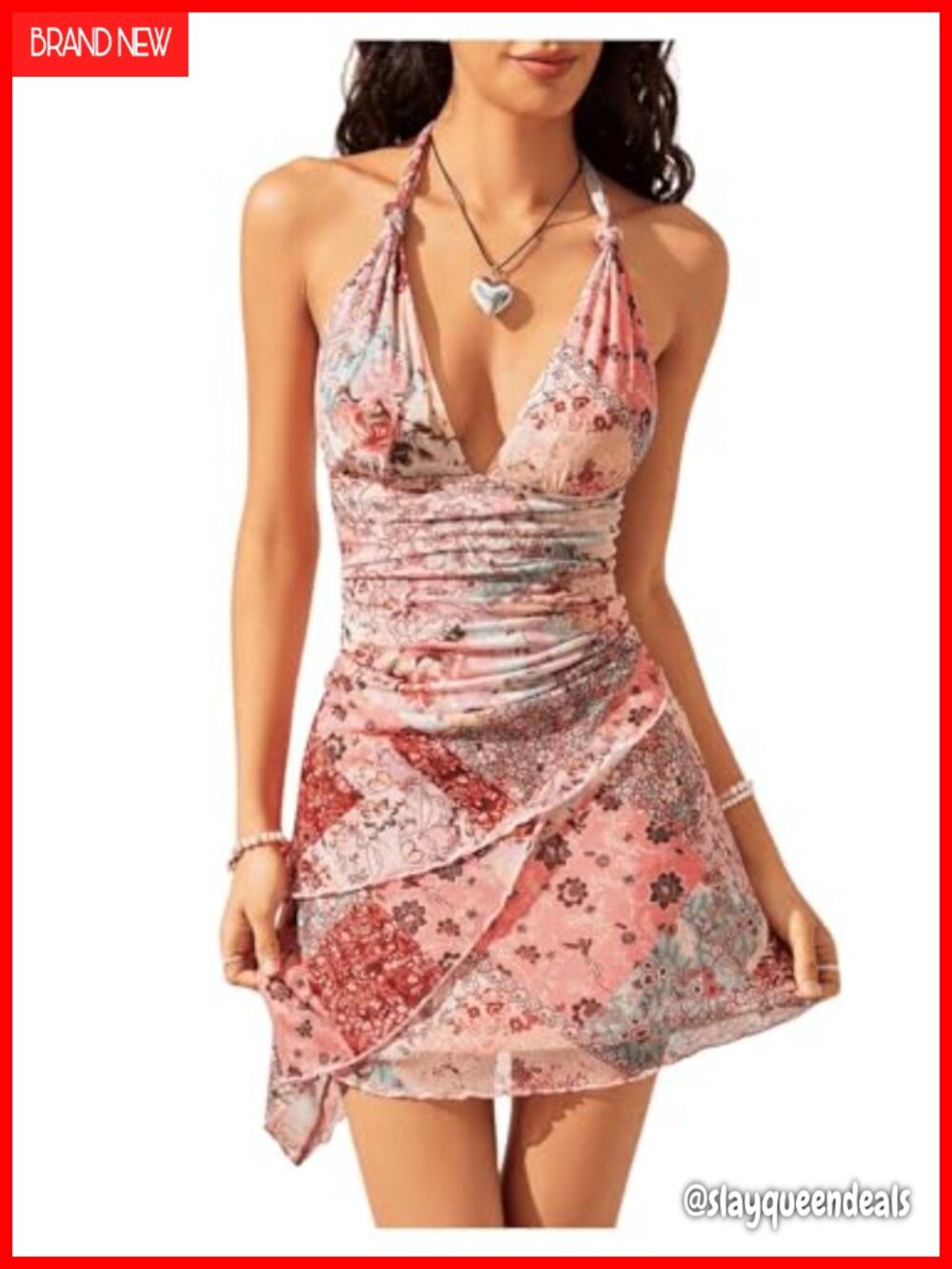 Women's Floral Halter Mini Dress Backless Boho Summer Beach Sundress